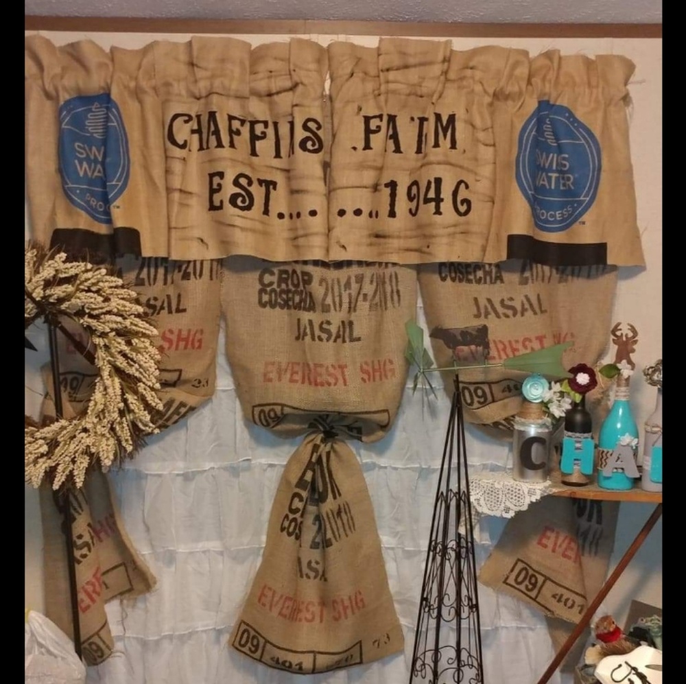 Custom made farmhouse burlap feedsack curtains